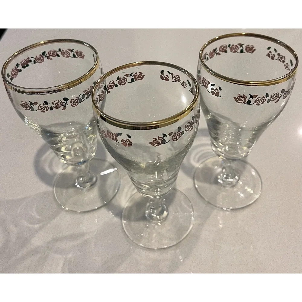 Rare Pink Rose Gold Trim Water‎ Goblets Drinking Glasses Set Of 3